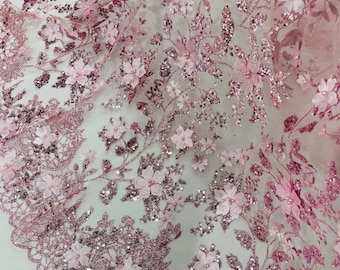 Pink 3D Flower Sequin Fabric: Glitter Tulle Lace for Wedding Dress
