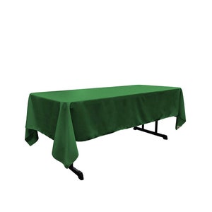 May include: A solid green rectangular tablecloth. The tablecloth is draped over a table and has a smooth, wrinkle-free surface.
