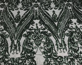 Hunter Green Sequin Damask Fabric – 4 Way Stretch Spandex Mesh
