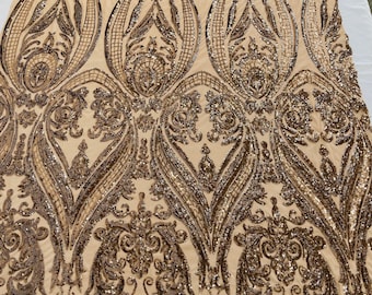 Mocha Sequins Fabric Sold By The Yard - Nude mesh - Damask Design 4 Way Stretch Sequin Fabric