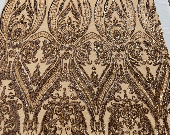 Mocha Sequins Fabric Sold By The Yard - Nude mesh - Damask Design 4 Way Stretch Sequin Fabric