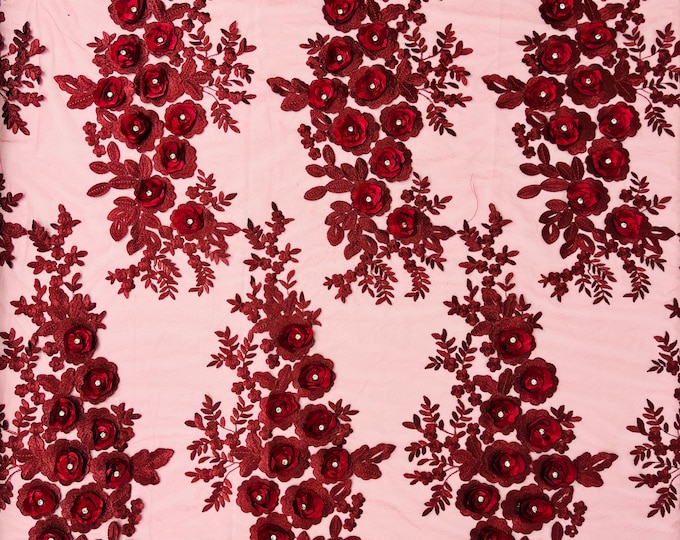 Burgundy 3D Floral Lace Fabric by the yard, Flower Design Embroider With Rhinestones On a Mesh, Prom-Dresses-Nightgown-Apparel-Fashion