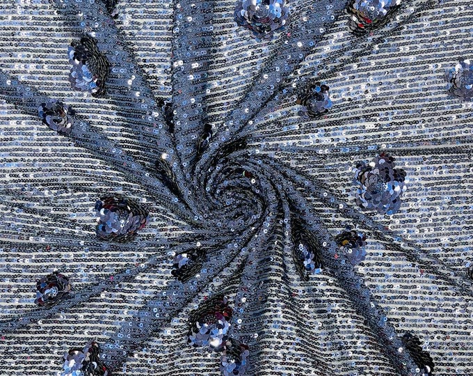 Navy Blue Flower Mille Stripe Sequin Fabric: 4-Way Stretch Mesh, Couture Gown Material