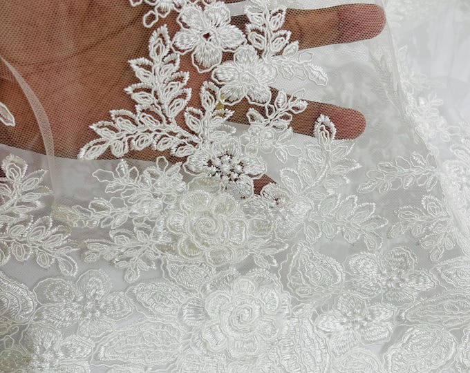 Ivory 3D Flower Embroidery Lace Fabric By The Yard, Corded 3D Flower Embroidery Lace Fabric on a Mesh Lace Fabric For Wedding-Bridal