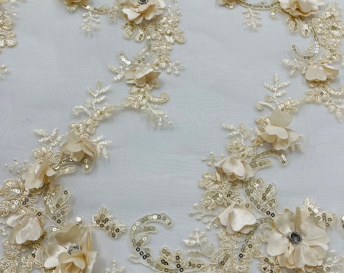 Champagne 3D Floral-Flower Lace Fabric | by the yard | Embroidered With Sequins & Rhinestone 3D Flower| Lace Floral | Bridal Wedding