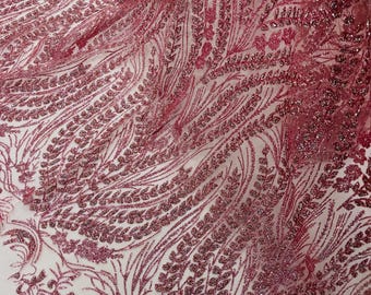 Dusty Rose Silver Rhinestones Glitter Fabric on a Mesh By The Yard | Wavy Desing Glitter Rhinestones on Mesh Fabric Prom Dress