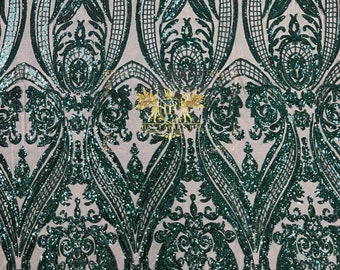 Teal Green Damask Sequin Fabric - 4 Way Stretch Spandex Mesh, Prom Gown