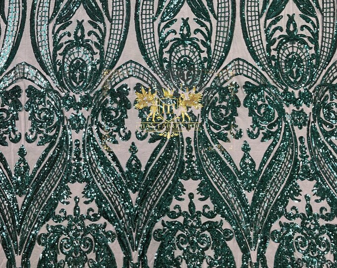 Teal Green Sequin  - 4 Way Stretch Fancy Big Damask Design Sequins on Spandex Mesh Prom Gala Gown Fabric By The Yard