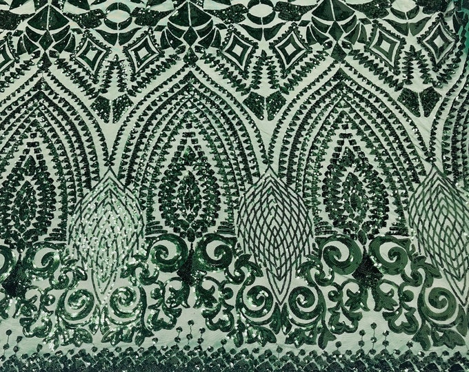 Hunter Green Sequin Fabric on a Mesh 4 Way Stretch - Geometric Design Embroidery With Sequins (Pick a Size) by the yard