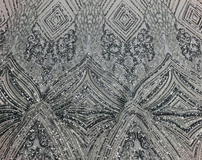 Silver 4 Way Stretch Geometric Sequins - Nova Design Triangular Fabric for Prom Gala Gown Sold By The Yard
