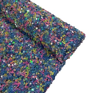 Multi Color | Silver Sequin Fabric on Blue Stretch Velvet by the yard - all Over 5mm Sequins Velvet 2-way Stretch 58/60” Iridescent