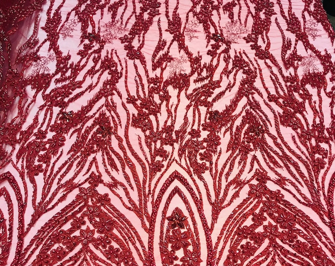 Beaded Fabric - Burgundy - Embroidered Flower Line Mesh Lace Fabric with Beads Sold By The Yard