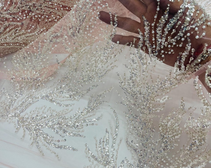 Clear Beaded Fabric Pink Mesh by yard, Bridal beaded, Damask Pattern With Beads and Sequin, Appliqué lace for bridals,weddings,prom dress