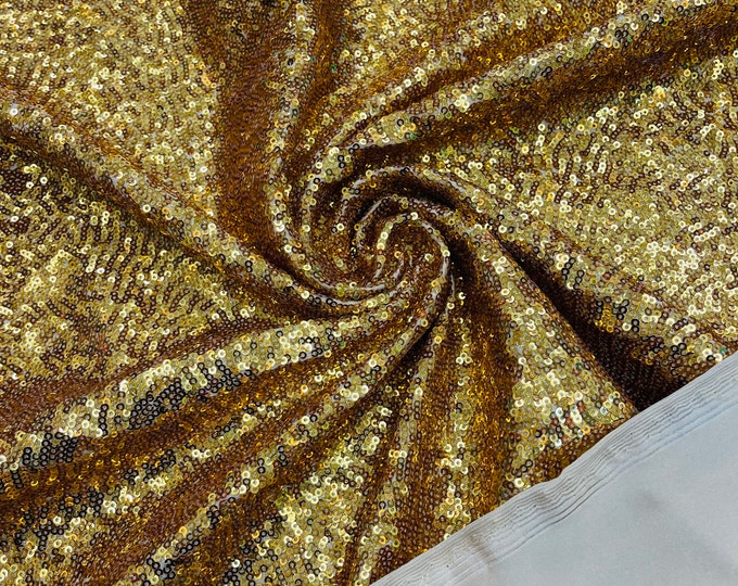 Gold Mini Glitz Sequins by the yard on Spandex Fabric | 4 Way Stretch | Mini Glitz Sequin on Milliskin Nylon Spandex Fabric