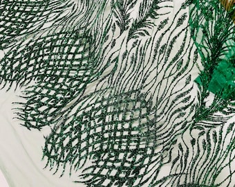 Hunter Green Beaded Damask Fabric: Bridal Lace with Sequins