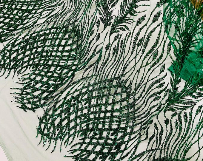 Hunter Green Beaded Fabric by the yard, Bridal Heavy beaded, Damask Pattern With Beads and Sequin, lace for bridals,weddings,prom dress.