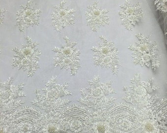 White Hand Beaded Floral Lace Fabric, Embroidered Sequins, By The Yard