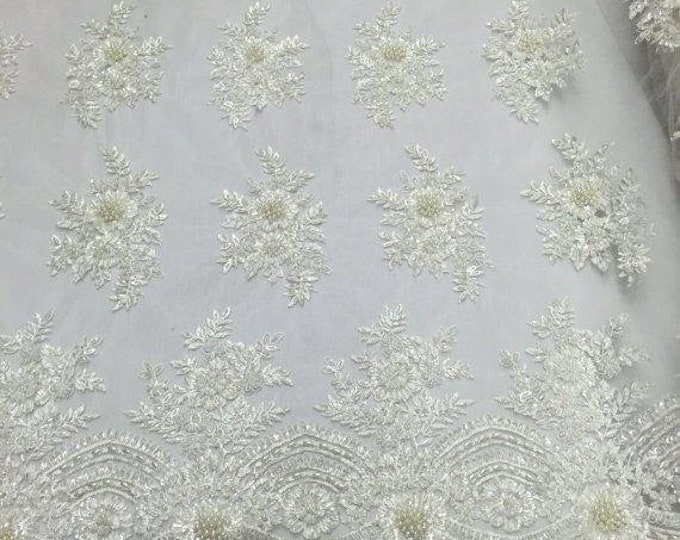 Of White Hand Beaded Lace, Embroidered Floral Design Fancy Sequins Fabric with Beads Sold in Many Colors By The Yard