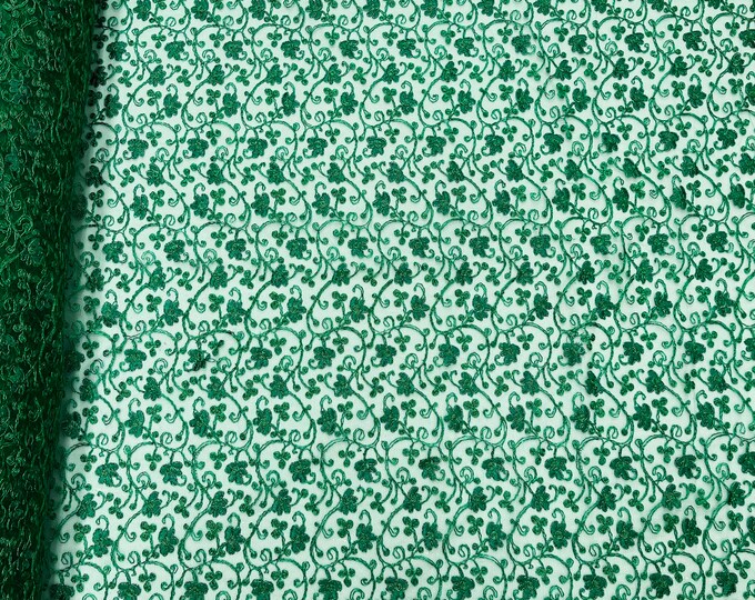 Metallic Green Corded Lace Fabric by the yard - Flower Design Embroidered on Mesh Lace Fabric Floral, (Pick a Size)