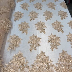 Flower Lace Fabric - Peach Floral Clusters Embroidered Lace Mesh Fabric Sold By The Yard