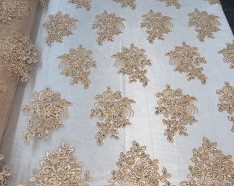 Flower Lace Fabric - Peach Floral Clusters Embroidered Lace Mesh Fabric Sold By The Yard