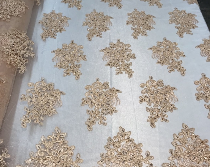 Flower Lace Fabric - Peach Floral Clusters Embroidered Lace Mesh Fabric Sold By The Yard