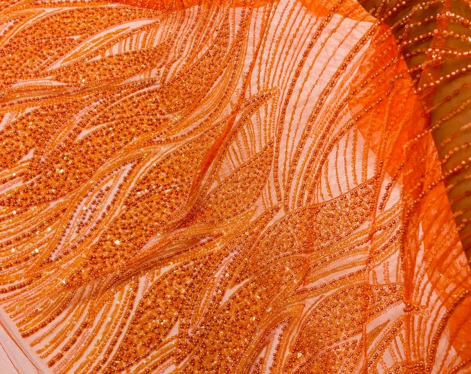 Orange Beaded Lace Fabric: Embroidered Mesh, Bridal Wedding Dress - Sold By The Yard