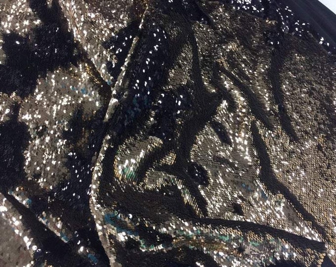 Black/Gold Flip Up Sequins Reversible, 2-Way Stretch 58/60” Sequins Fabric Dresses-Nightgowns-Prom Gown (Choose The Quantity)