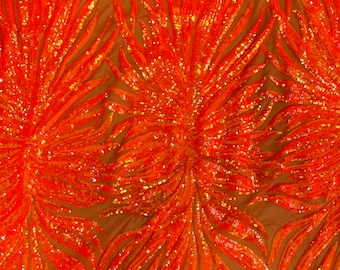 Iridescent Orange Sequin Fabric: 4-Way Stretch Phoenix Wing Spandex Mesh, Sold By The Yard