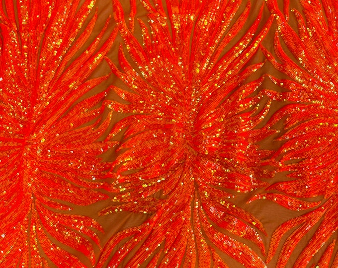 Iridescent Orange Sequin - 4 Way Stretch Phoenix Wing Sequin Spandex Mesh Fabric for Prom Gala Gown Sold By Yard