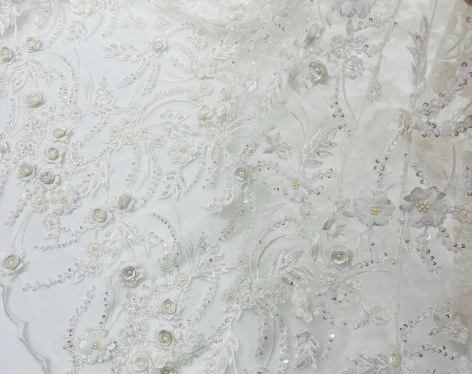 Off White 3D Floral Beaded Lace Fabric: Beaded Sequins on a Mesh, Apparel-Prom - By The Yard