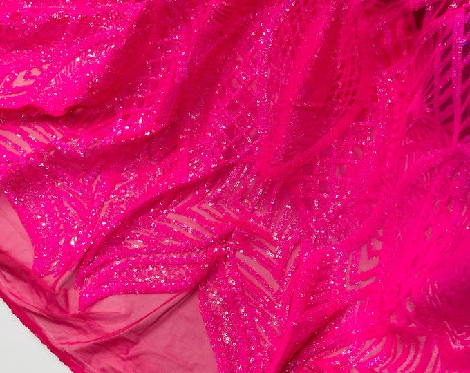 Hot Pink Holographic Sequins Fabric on Mesh, Royalty Design 4 way Stretch Hot Pink Holographic Sequin-Prom-Gown By the Yard