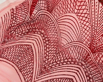 Red Glitter on Mesh Lace Fabric By The Yard for Wedding Decor Damask Geometric Glitter Fabric  Bridal/Prom/Shimmer/Luxury Sparkle