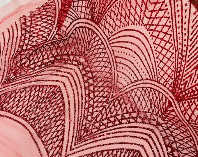 Red Glitter on Mesh Lace Fabric By The Yard for Wedding Decor Damask Geometric Glitter Fabric  Bridal/Prom/Shimmer/Luxury Sparkle