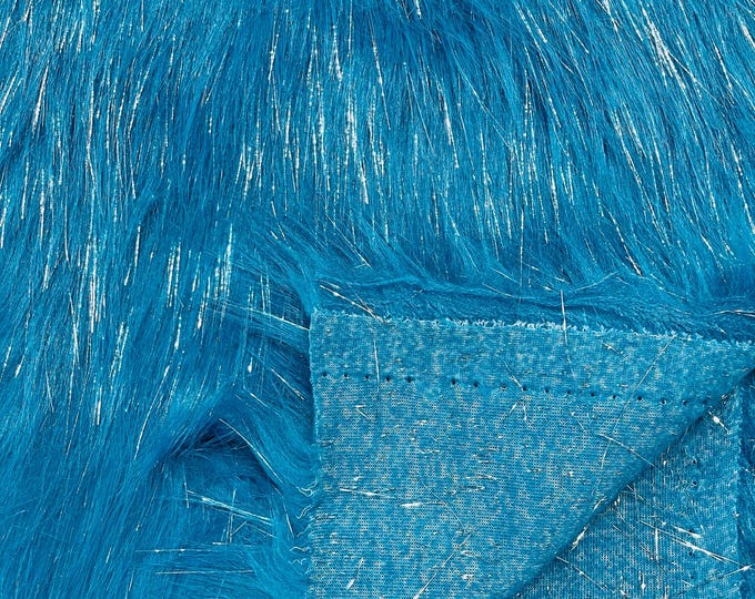 Turquoise Tinsel Shaggy Long Pile Faux Fur Fabric By The Yard, Luxury Shaggy With Metallic Tinsel Strands, Costume, Apparel, Decoration 60"