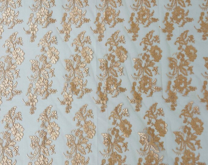 Peach Flower Embroidered Mesh Lace Fabric, Scalloped Edge, Bridal Wedding Dress