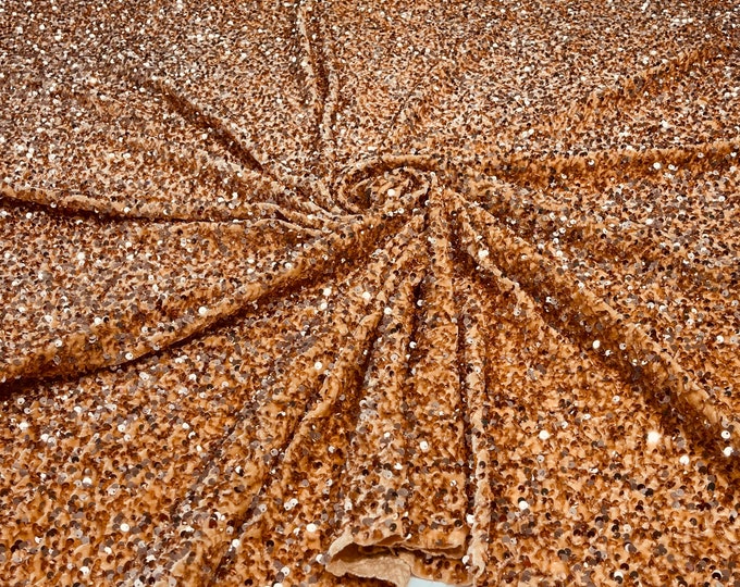 Champagne Sequin Fabric on Camel Stretch Velvet - by the yard - all Over 5mm Sequins Velvet 2-way Stretch 58/60”