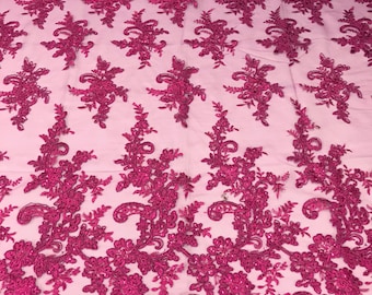 Fuchsia Floral Embroidered Sequin Lace Fabric - By The Yard