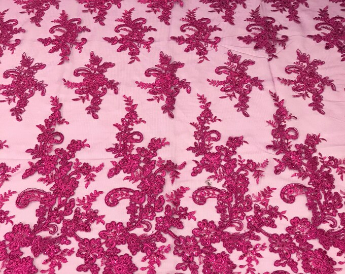 Fuchsia Flower Lace Fabric - Floral Clusters Embroidered With sequins on a Mesh Lace Fabric Sold By The Yard