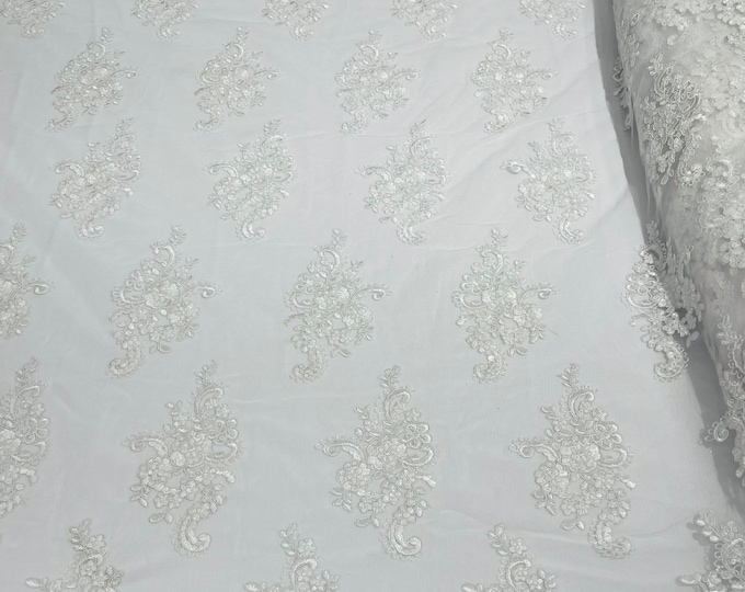 White Floral Lace Fabric, Embroidery With Sequins on a Mesh For Wedding-Bridal By The Yard