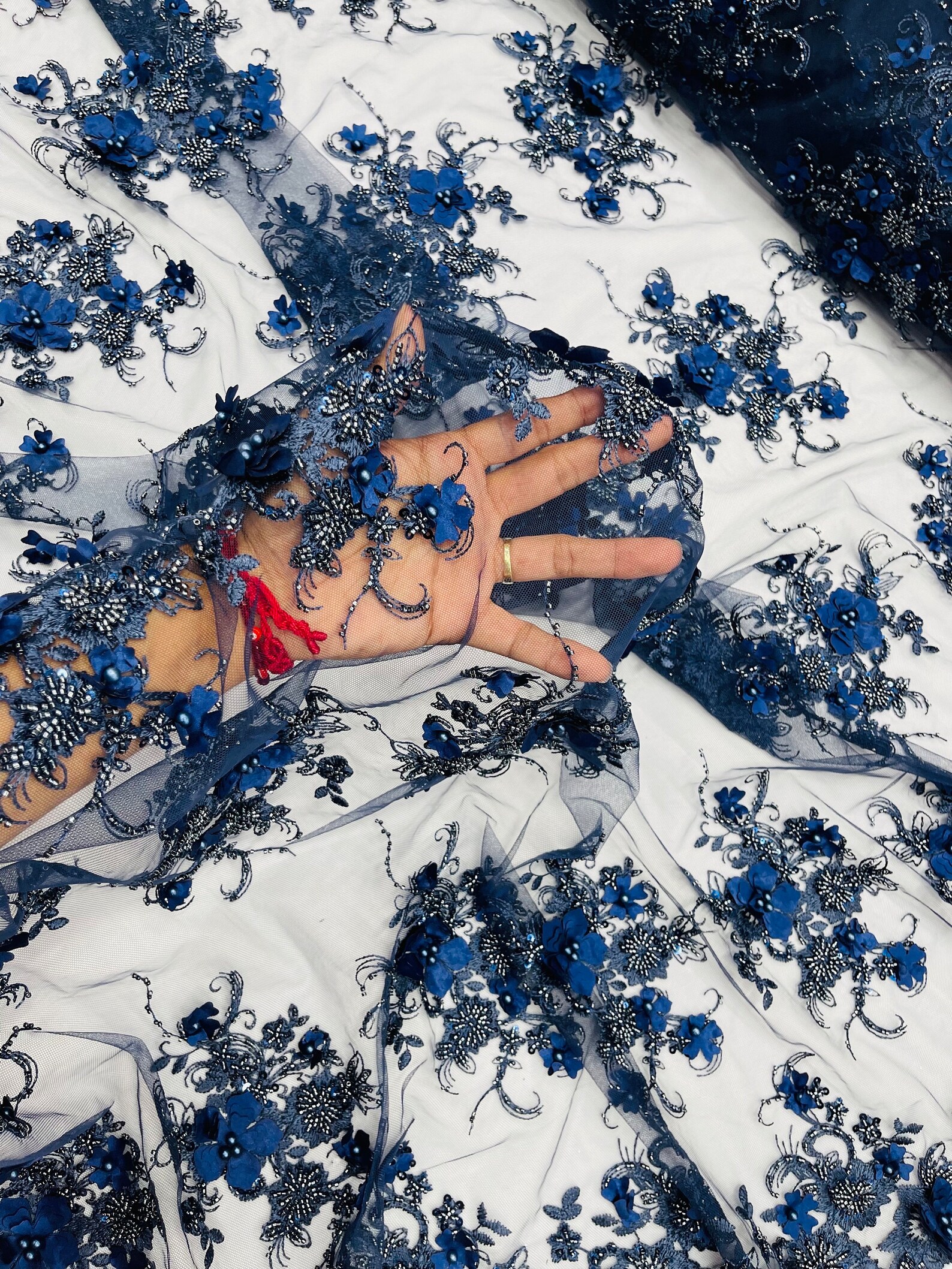 Navy Blue 3D Floral Beaded Embroidery Lace Fabric - Etsy