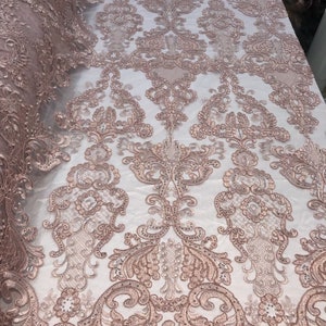 Dusty Rose Fabric, Corded Flower Embroidery With Sequins on a Mesh Lace Fabric By The Yard For Gown, Wedding-Bridal-Dress image 1