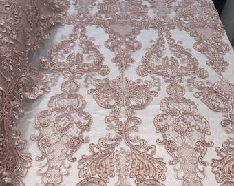 Dusty Rose Embroidered Flower Sequined Mesh Lace Fabric