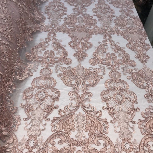 Dusty Rose Fabric, Corded Flower Embroidery With Sequins on a Mesh Lace Fabric By The Yard For Gown, Wedding-Bridal-Dress