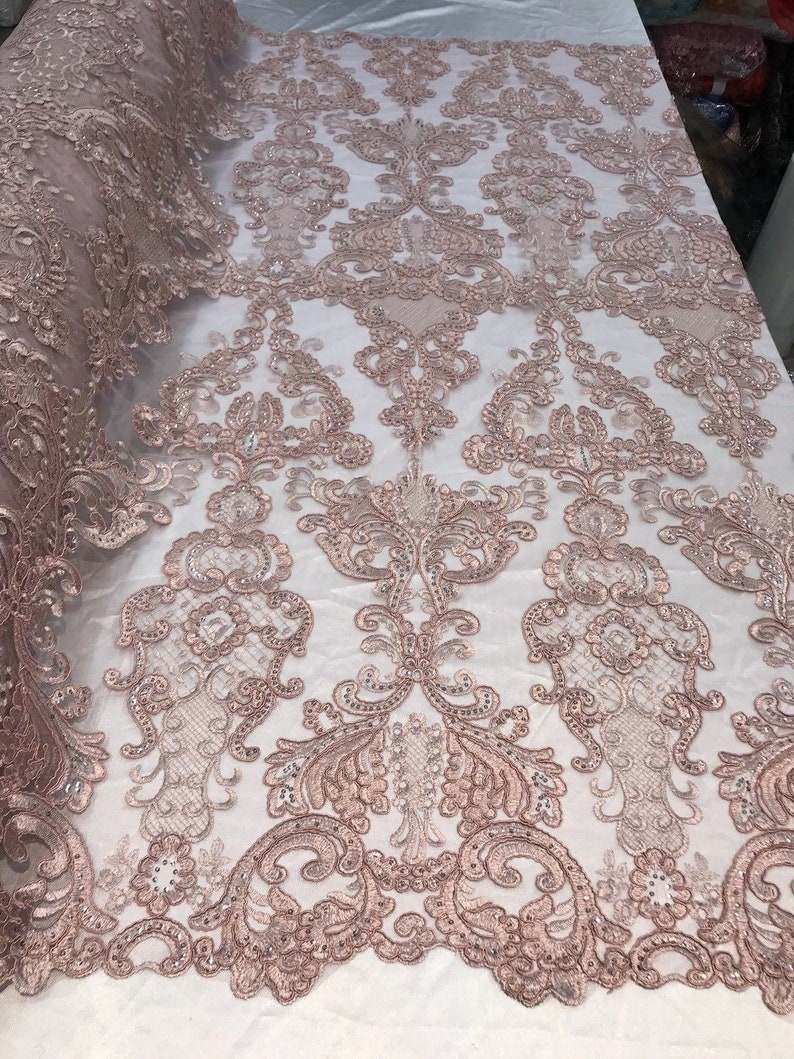 Dusty Rose Fabric, Corded Flower Embroidery With Sequins on a Mesh Lace Fabric By The Yard For Gown, Wedding-Bridal-Dress image 1
