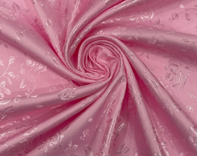 Pink Floral Brocade Jacquard Satin Fabric: 58/60" Wide, Polyester By The Yard