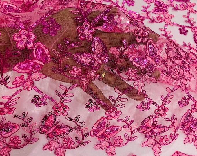 Pink Metallic Corded Lace Small Butterfly by Yard, Metallic Thread Butterfly Design Embroidered With Sequin on a Mesh Lace Fabric