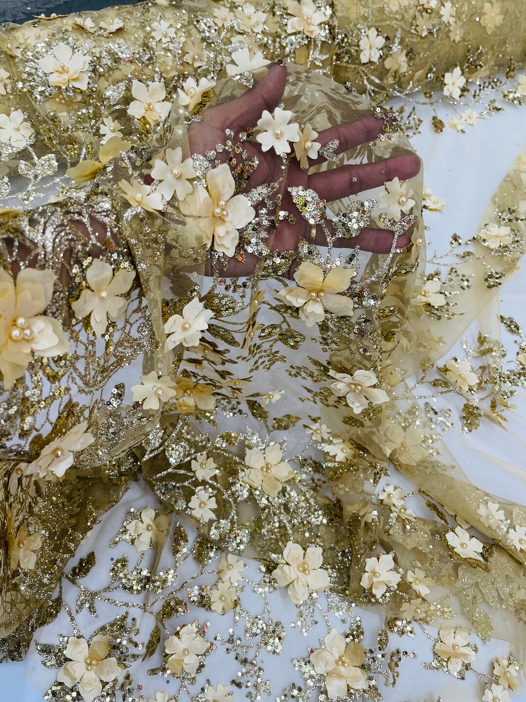 Gold 3D Flower Glitter Sequin Fabric, Floral Mesh, Wedding Dress - Etsy