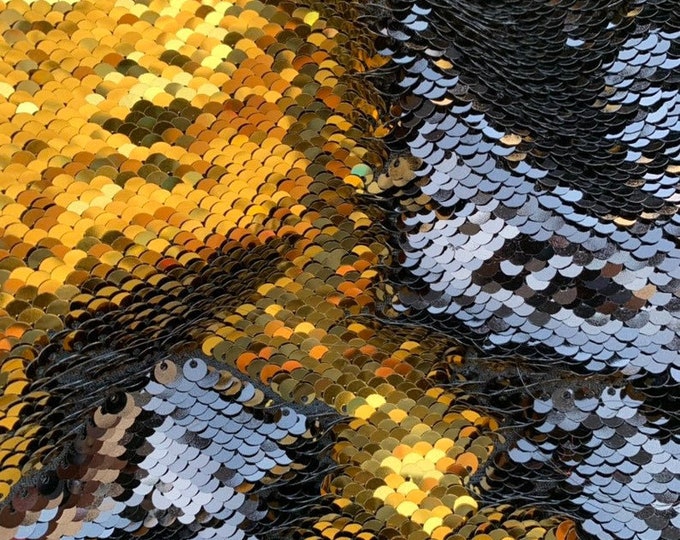 Gold/Black Flip Up Sequins Reversible, 2-Way Stretch 58/60” Sequins Fabric Dresses-Nightgowns-Prom Gown (Choose The Quantity)