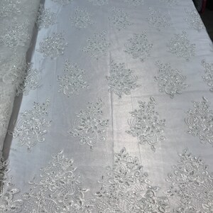 Flower Lace Fabric - Ivory Floral Clusters Embroidered Lace Mesh Fabric Sold By The Yard